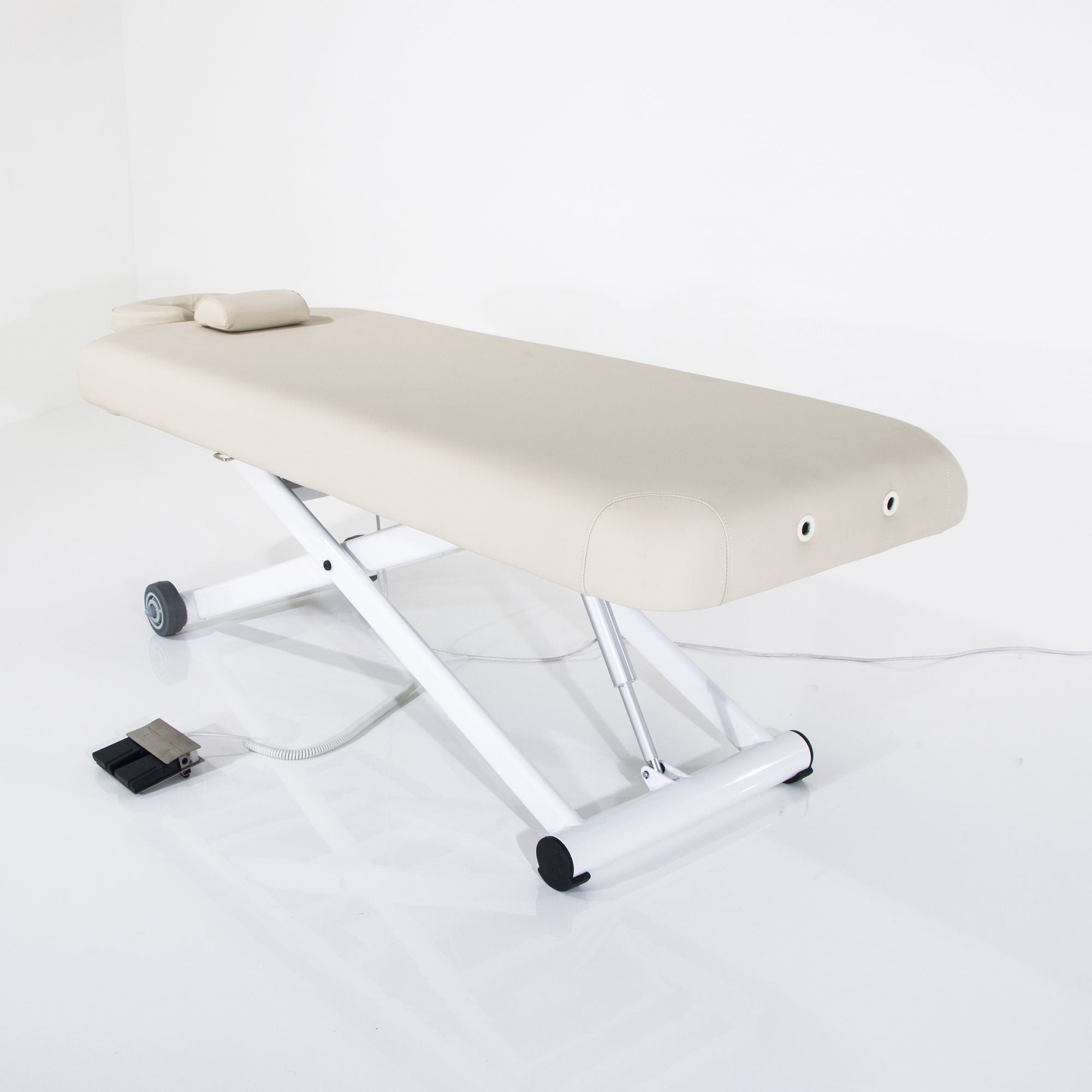 Silverfox America 2274 electric massage table with headrest and wheels, beige finish.