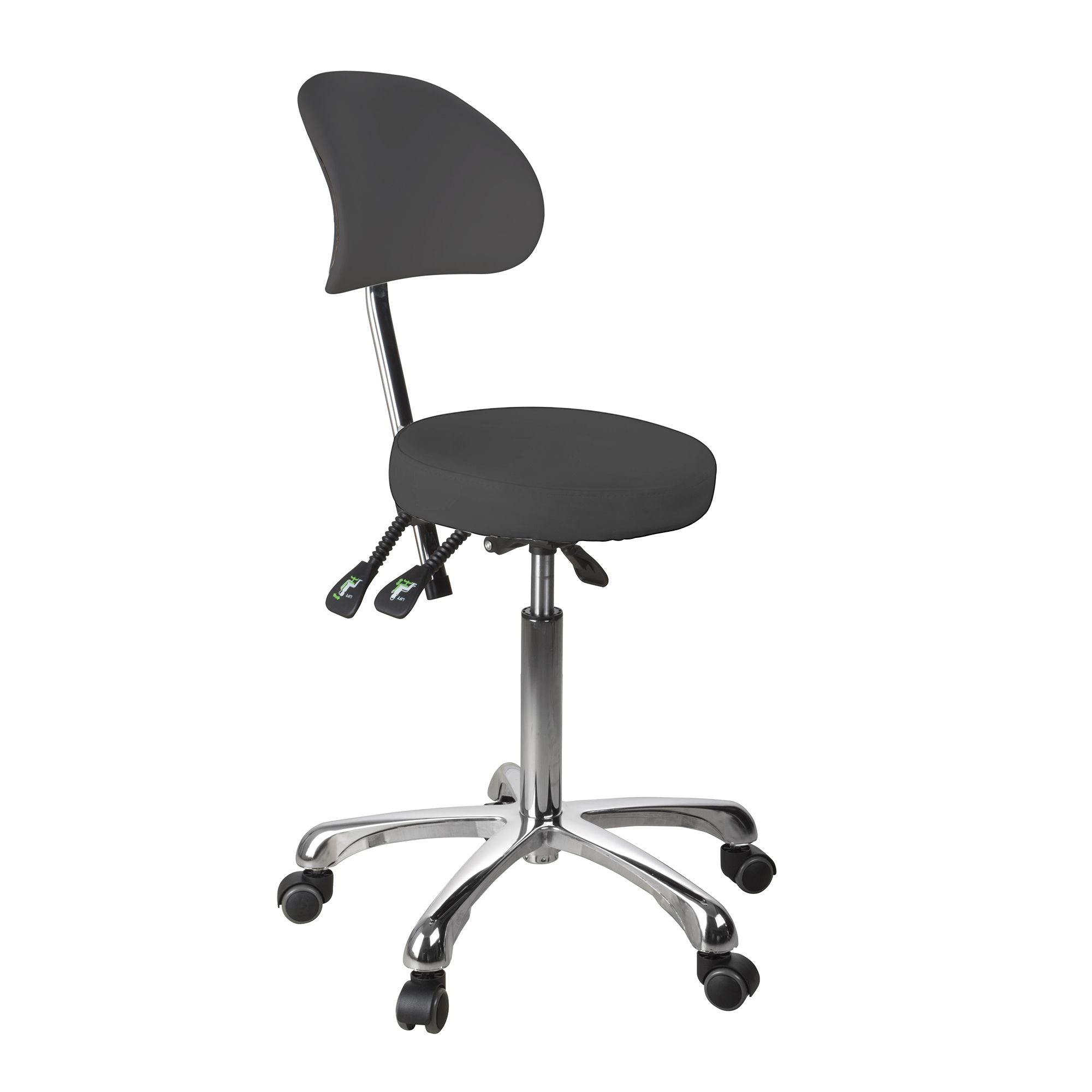 Silverfox America 1025B Stool: black ergonomic, wheels, chrome base, professional seating.