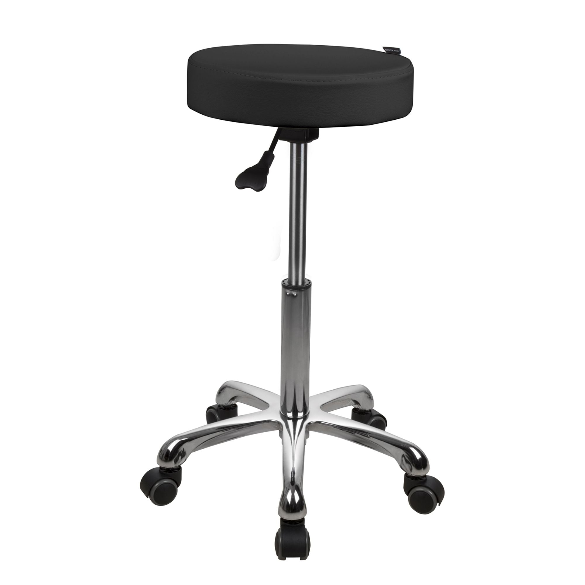 Silverfox America 1023A Stool: black ergonomic round seat with chrome base.