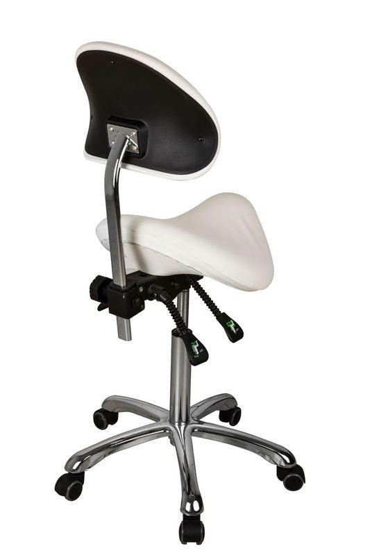 Silverfox America 1025A ergonomic saddle seat stool with backrest on wheels, rear view.