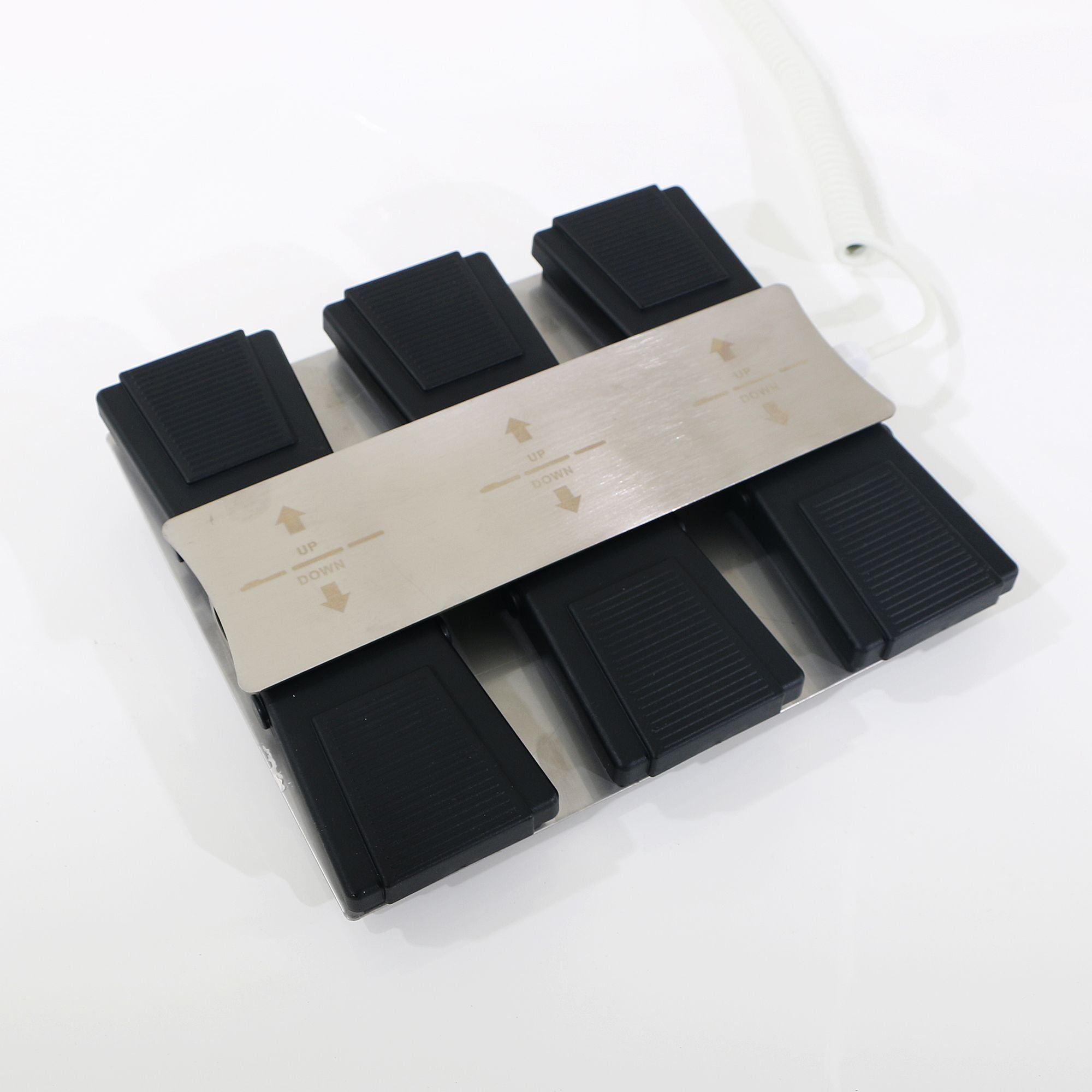 Set of 4 black foot pedals for Silverfox America 2274B Electric Massage Bed, UP/DOWN labeled.
