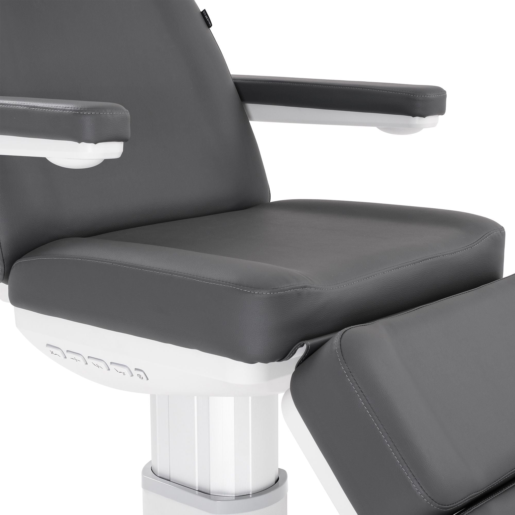 Close-up of a Silverfox America 2222BN Electric Massage Table with gray armrests.