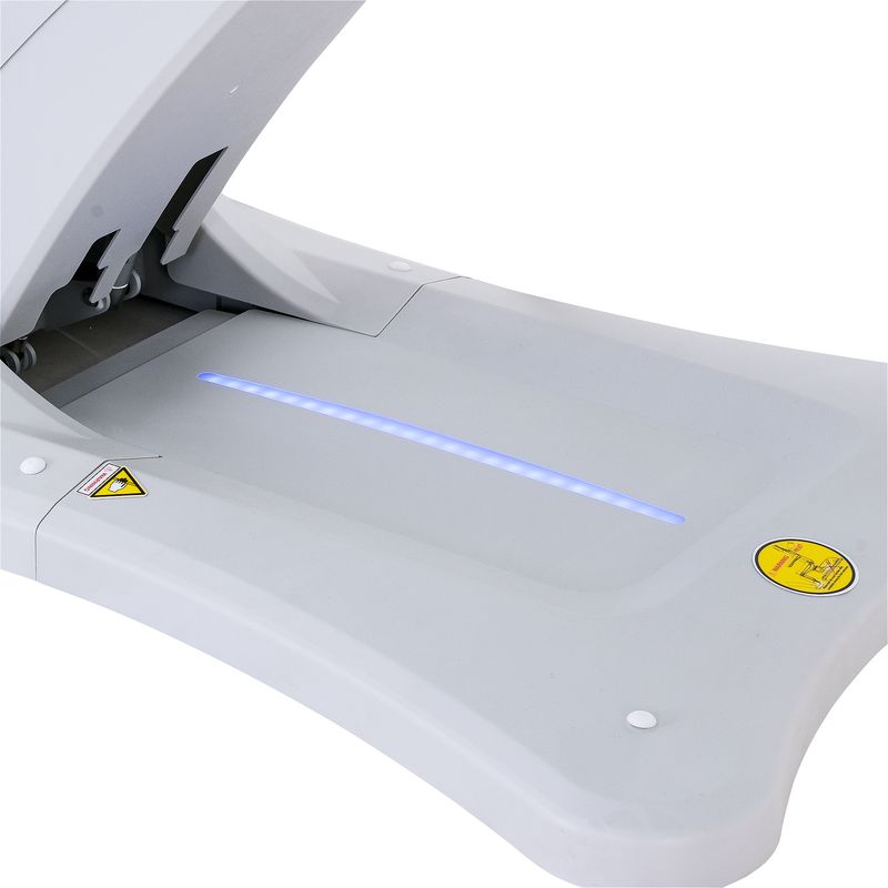 Close-up of Silverfox America 2246BN Massage Chair with blue LED, caution labels, and sensor.