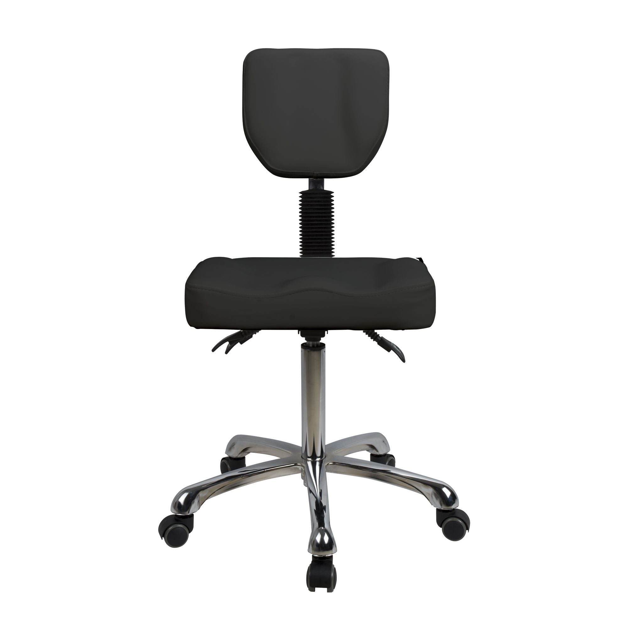 Silverfox America 1030 Stool: adjustable seat & backrest, five-wheel chrome base.