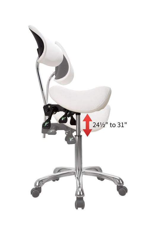 Silverfox America 1025A Stool: white, ergonomic, saddle seat adjusts 24.5–31", on wheels.