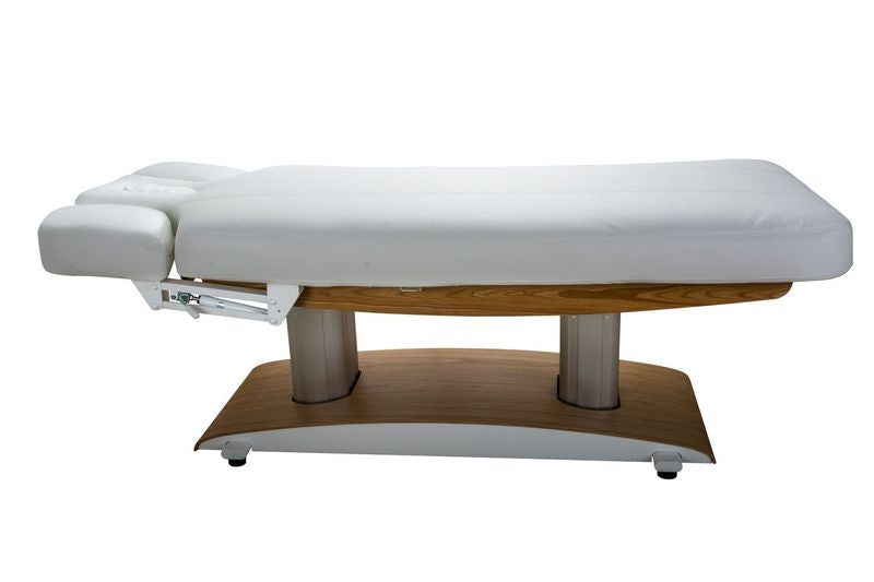 Silverfox America 2259Plus Electric Massage Table with white cushion, wood base, headrest, and wheels.