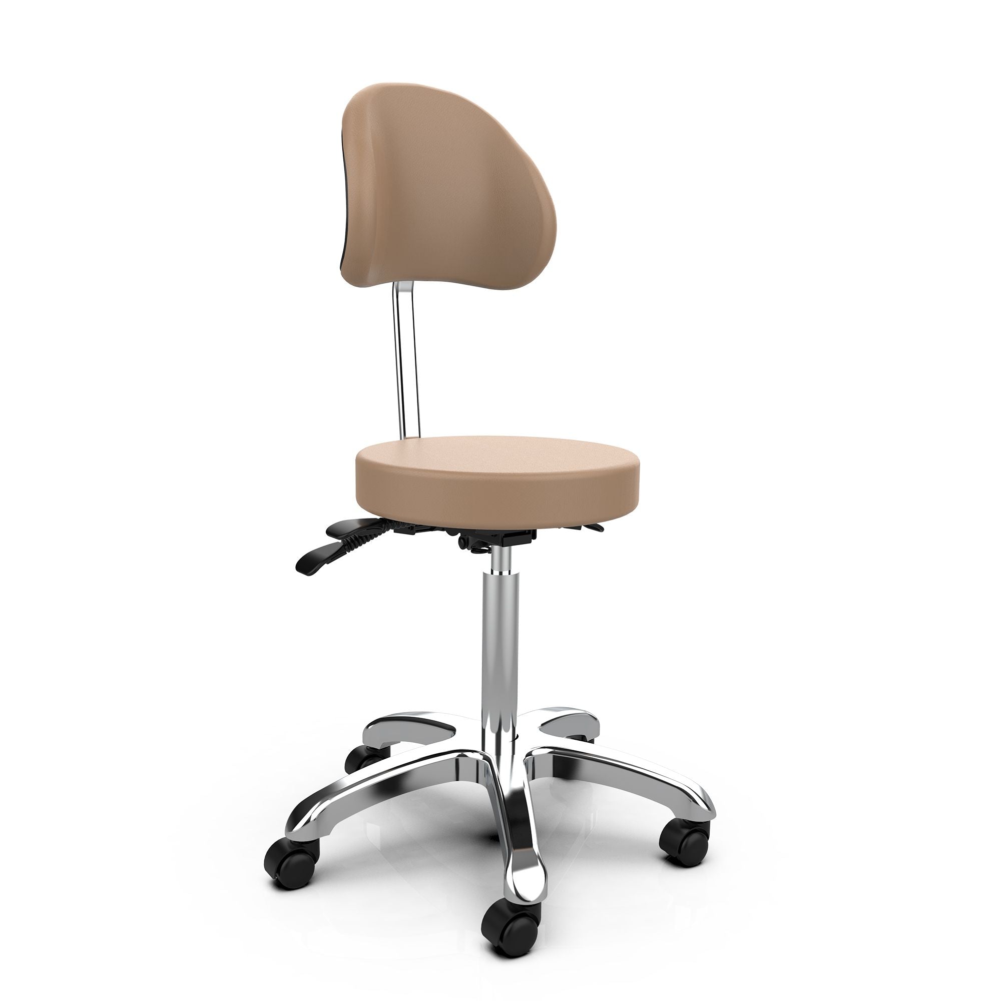 Silverfox America 1025B Stool, beige, curved backrest, chrome base, five wheels.