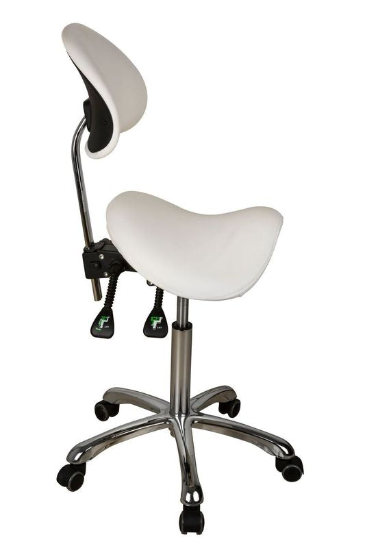 Silverfox America 1025A ergonomic saddle stool with backrest, wheels, and adjustable height.