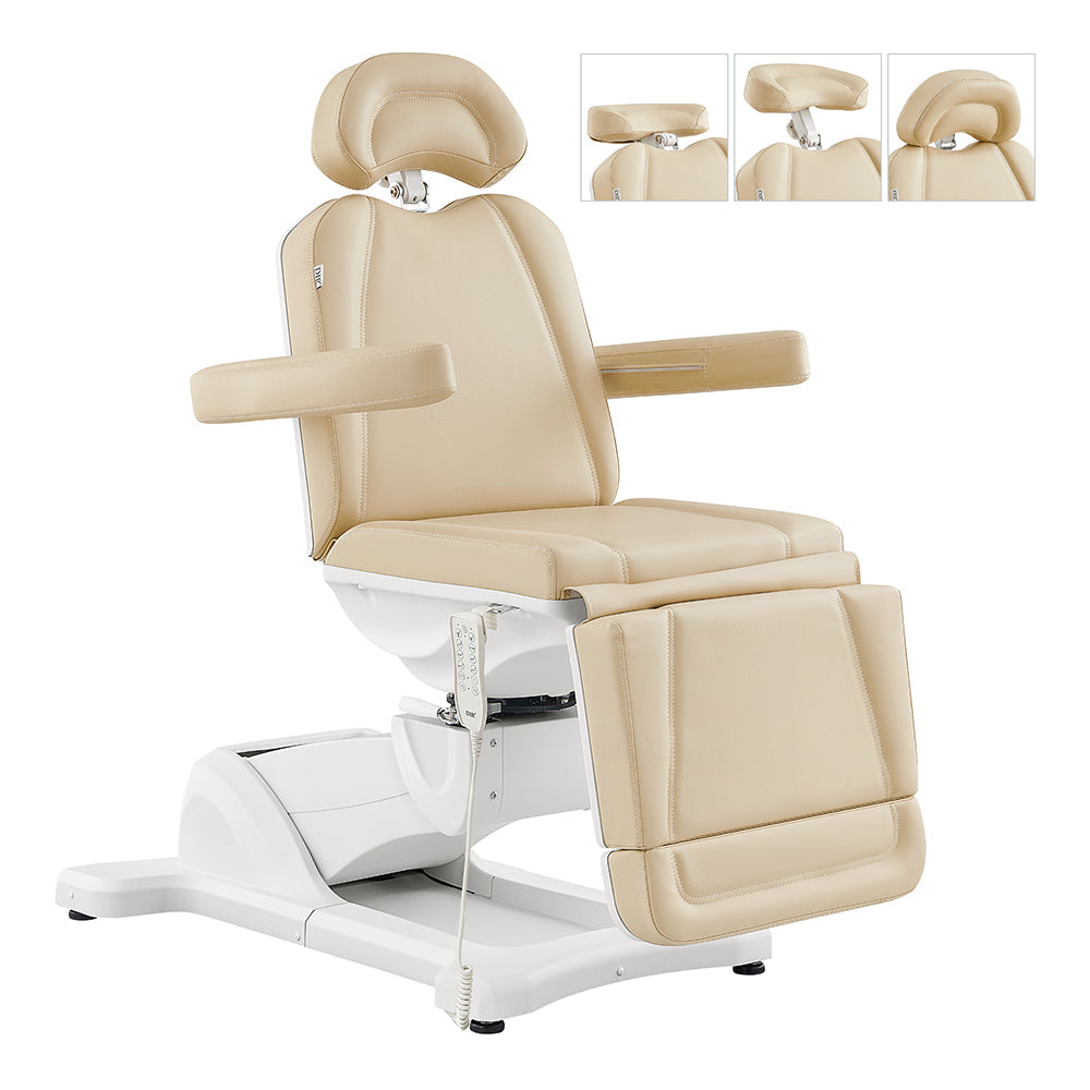 DIR Pavo FACIAL Beauty Bed & Chair in Beige, full electric 4-motor model, shown from all angles.
