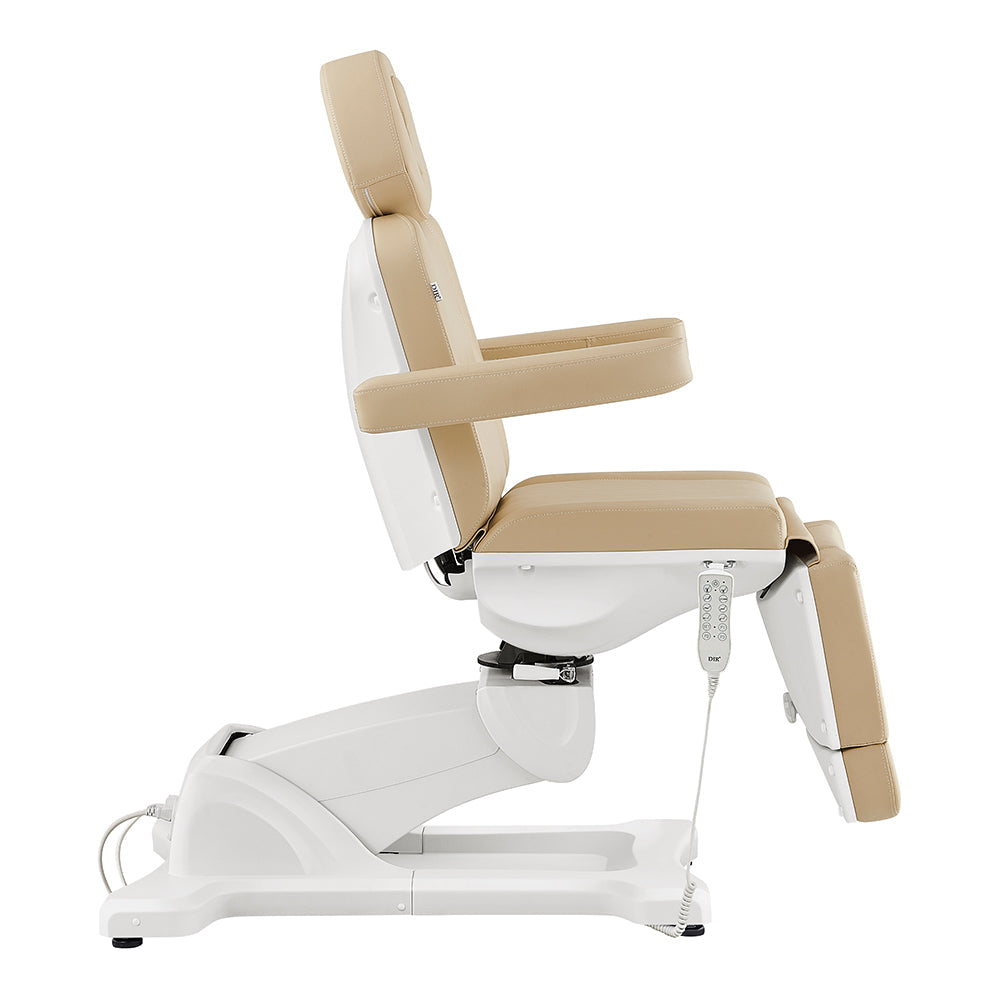 Pavo FACIAL Beauty Bed & Chair in Beige by DIR, fully electric with 4 motors, side view.