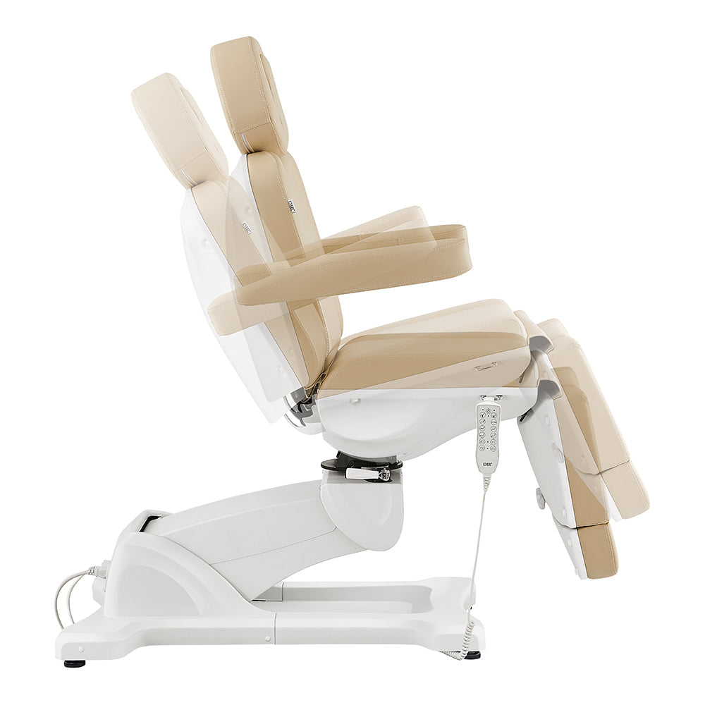 DIR Pavo FACIAL Beauty Bed & Chair in Beige, full electric, side view with remote control.