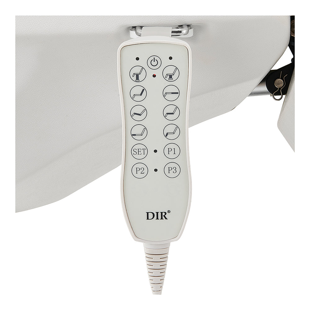 Beige DIR Pavo FACIAL Beauty Bed & Chair features a labeled remote for full electrical control.