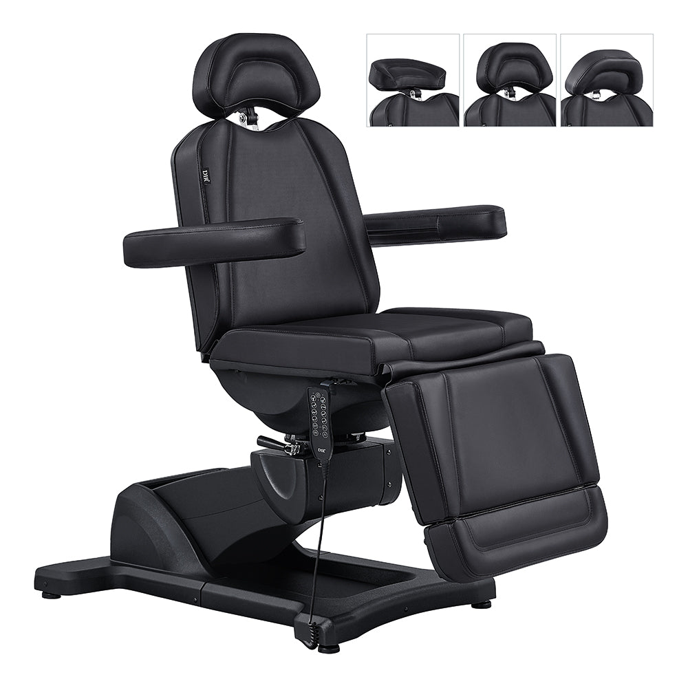 DIR Pavo FACIAL Beauty Bed & Chair in Black, full electric with 4 motors, shown from all angles.