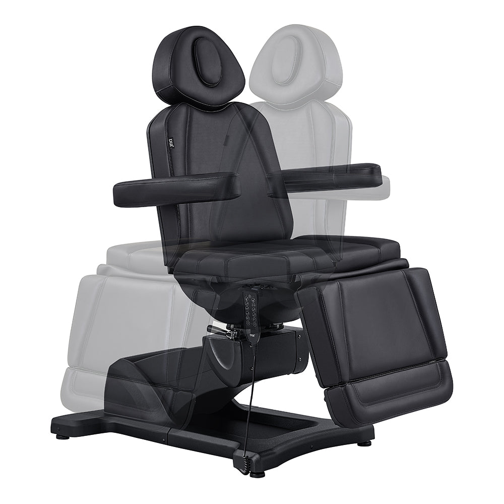 DIR Pavo FACIAL Beauty Bed & Chair in black, fully electric with 4 motors, armrests, and headrest.