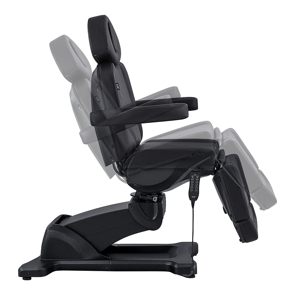 Pavo FACIAL Beauty Bed & Chair in Black by DIR shown reclined with remote and 4 electric motors.