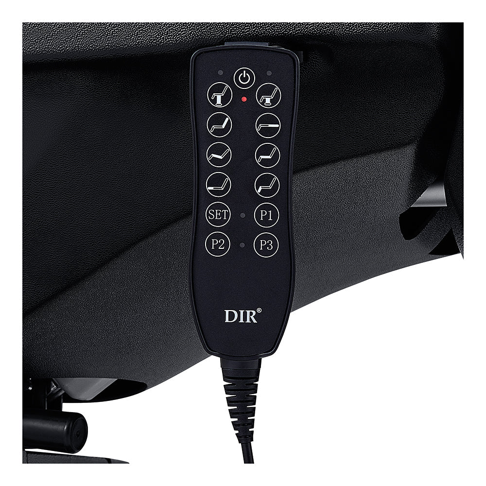 Close-up of black DIR Pavo FACIAL Beauty Bed's remote with labeled buttons.