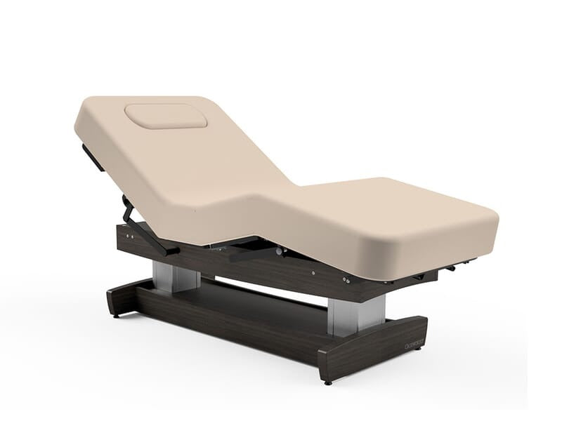 Oakworks PERFORMALIFT Electric Salon Top with ABC, beige, padded, dark wood base, on white.