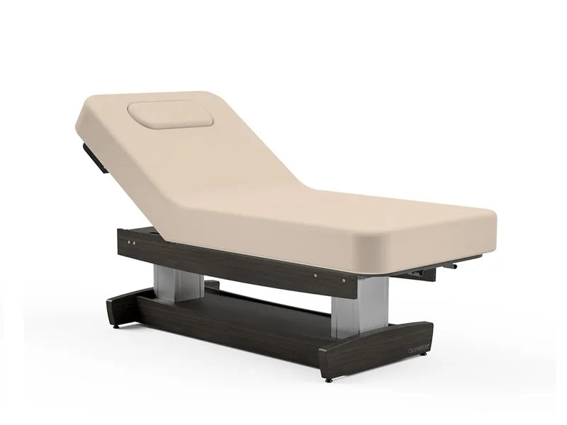 Oakworks PERFORMALIFT Lift-Assist Backrest Top, beige, adjustable with wooden base, on white background.