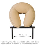 Beige neck pillow on a stand with dimensions indicated