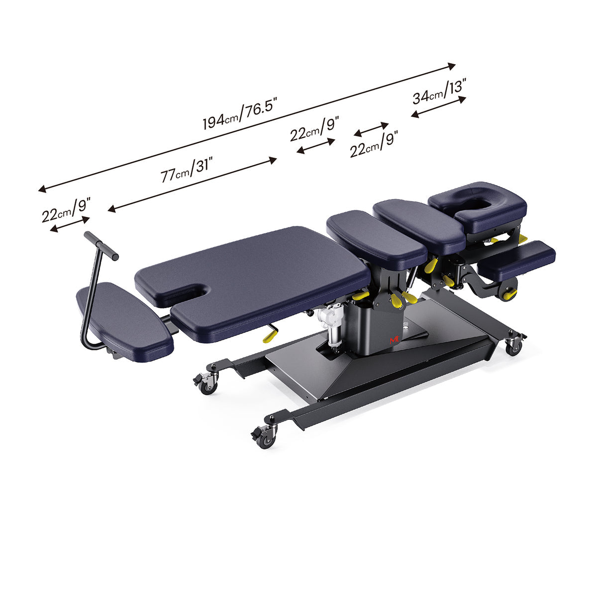 MT Chiropractic Prime-400 Chiropractic Table with dimensions labeled on a white background