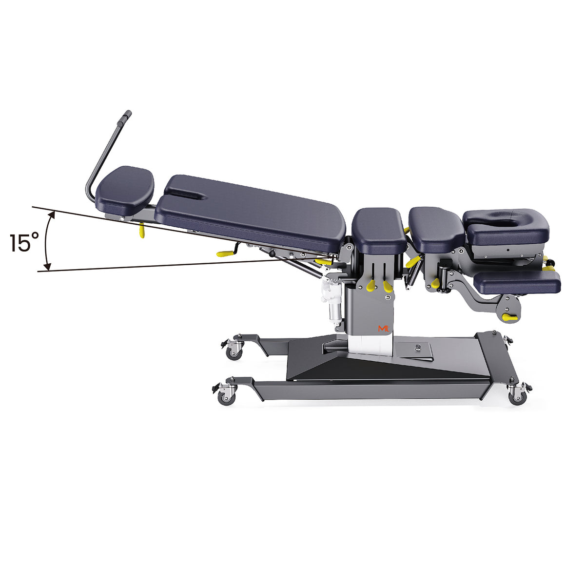 Medical examination table with adjustable features on a white background
