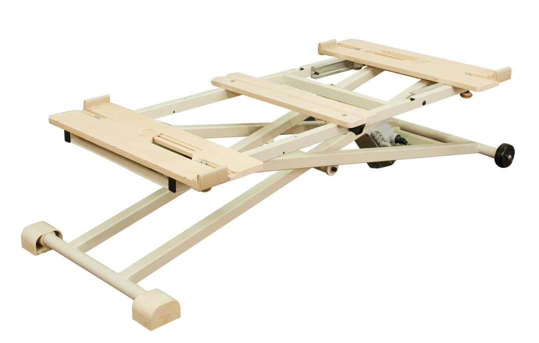 Oakworks PROLUXE Convertible Electric Lift Base with adjustable platform and sliding wheels.
