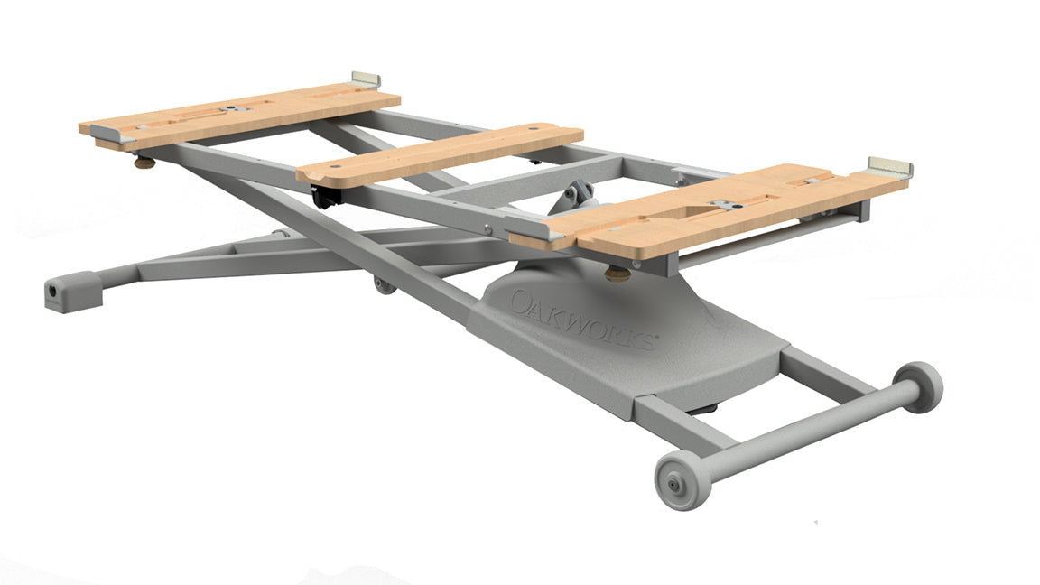 Oakworks PROLUXE Convertible Electric Lift Base with adjustable metal and wood frame.