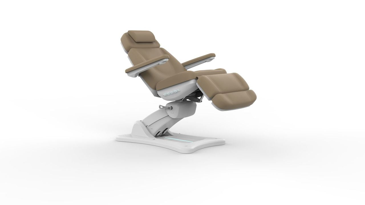 Silverfox America 2246BN brown & white electric massage chair with adjustable armrests.