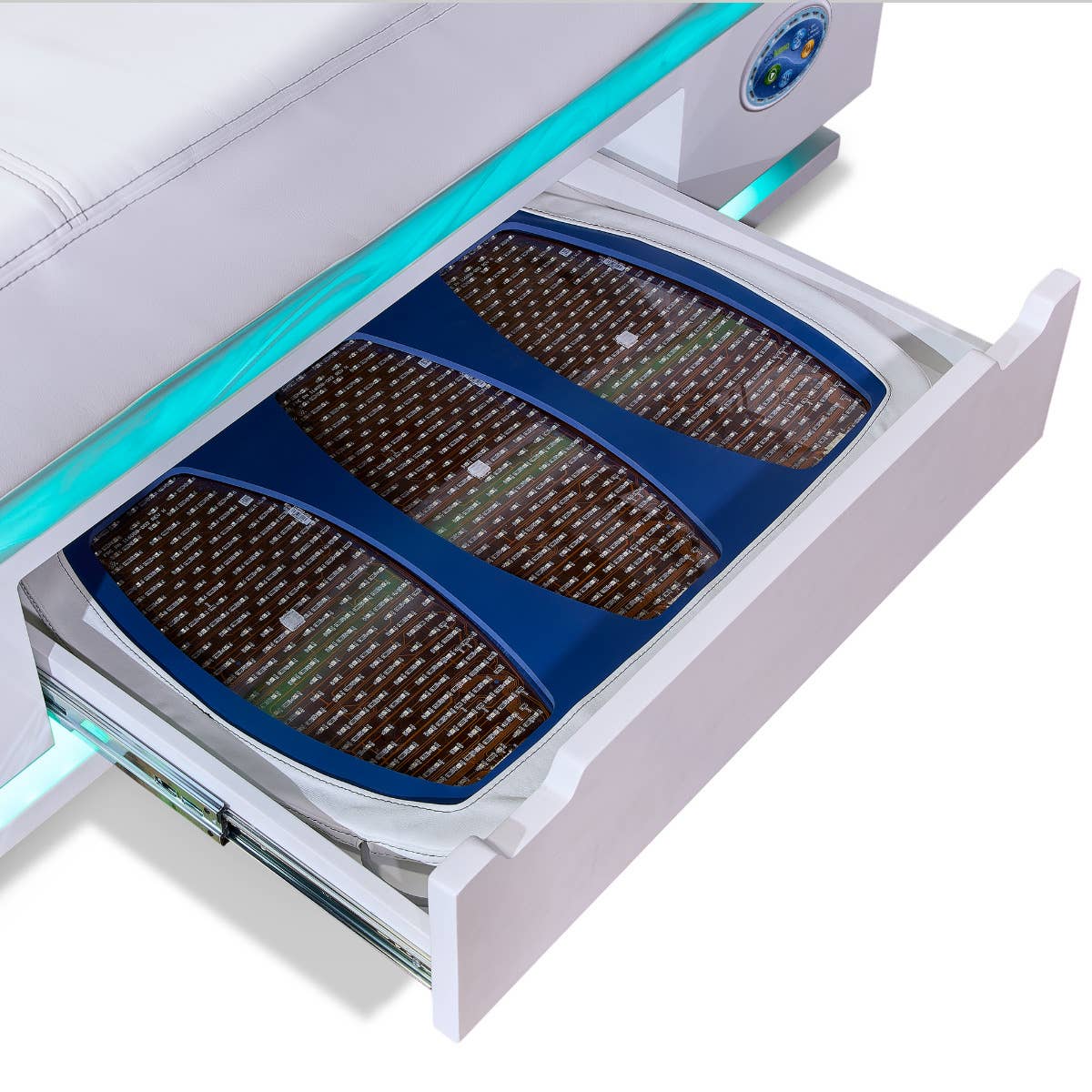 The Living Earth Crafts RADIANCE PT LED Therapy Table features a pull-out jade stone heating mat.
