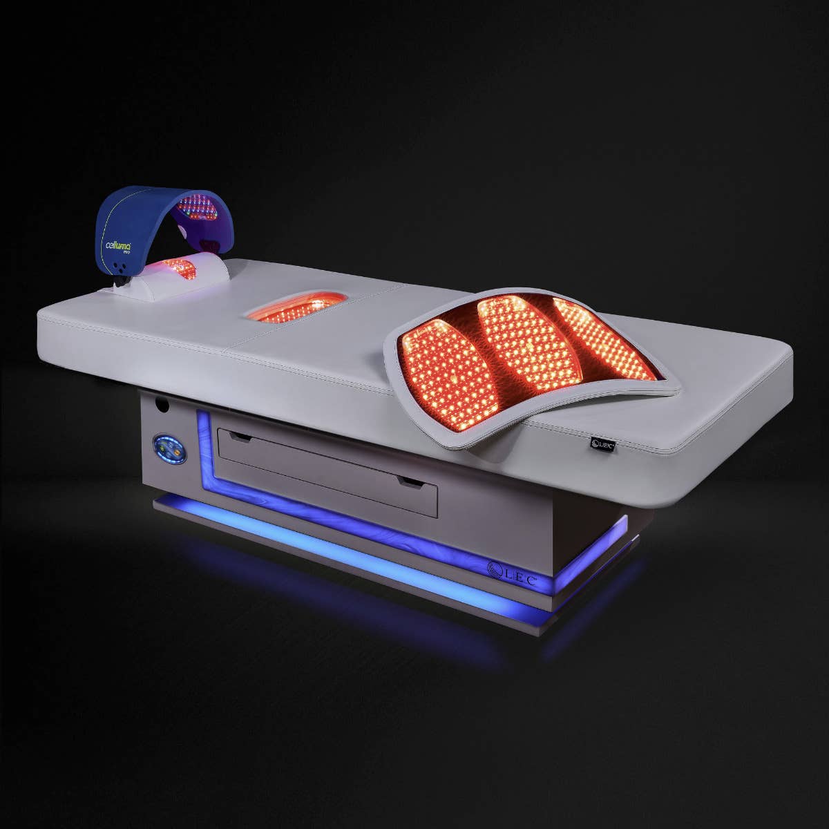 Living Earth Crafts RADIANCE PT LED therapy table with red panels and a blue headpiece.