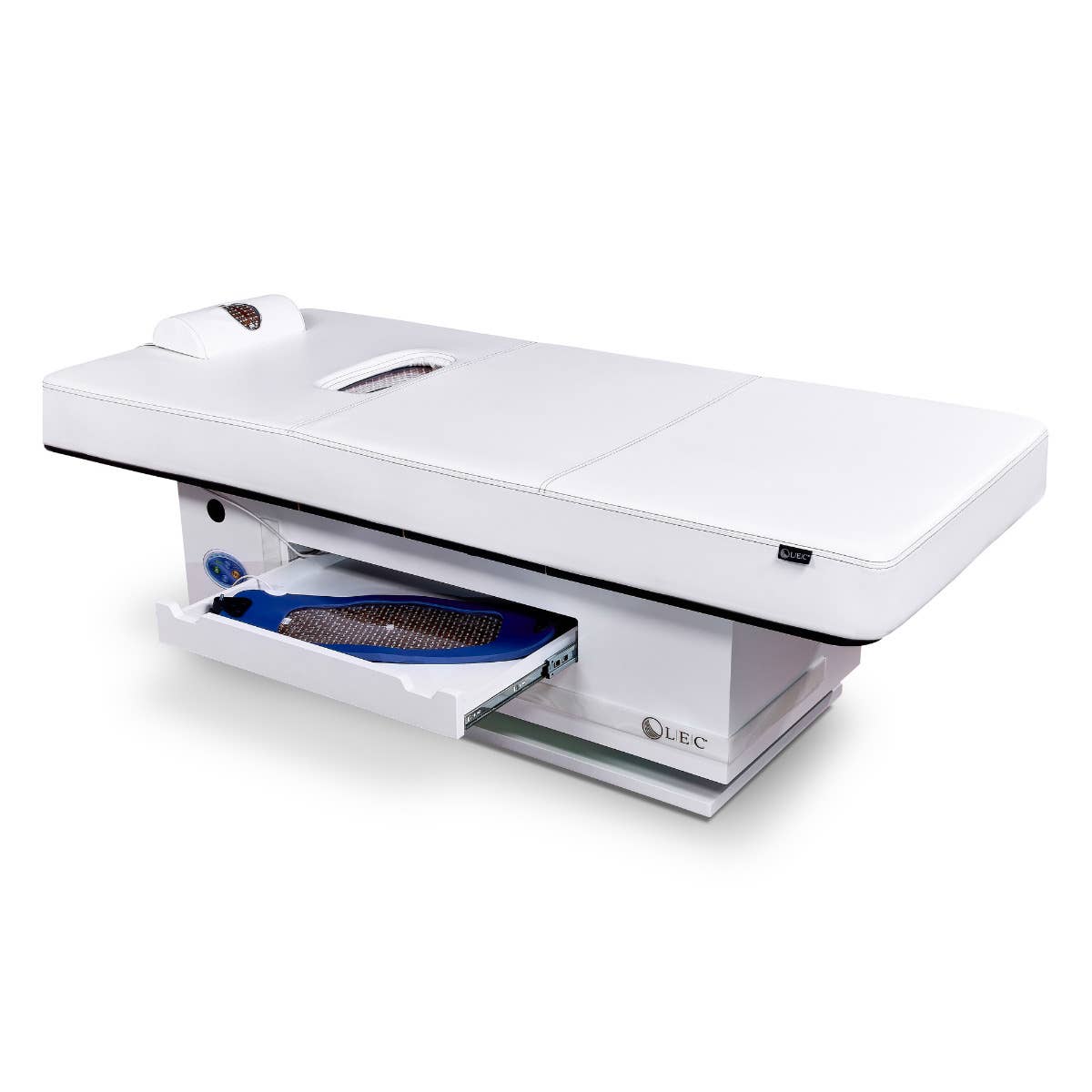 Living Earth Crafts RADIANCE PT LED Therapy Table with storage drawer and cushioned headrest.