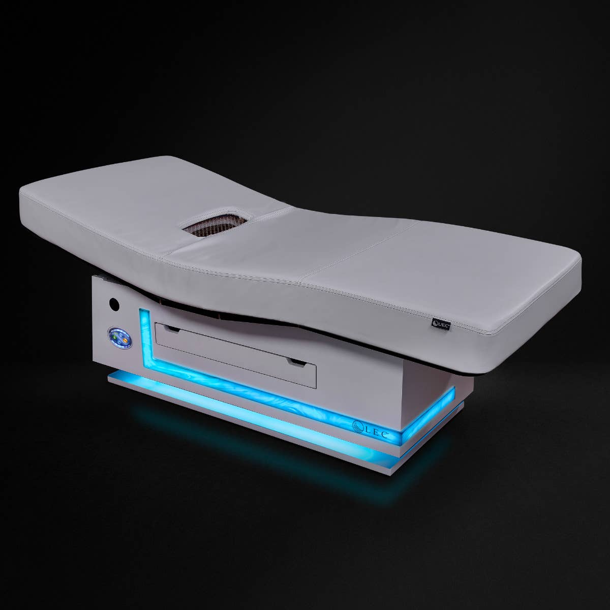 Living Earth Crafts RADIANCE PT LED Table with blue lighting, perfect for pain management.