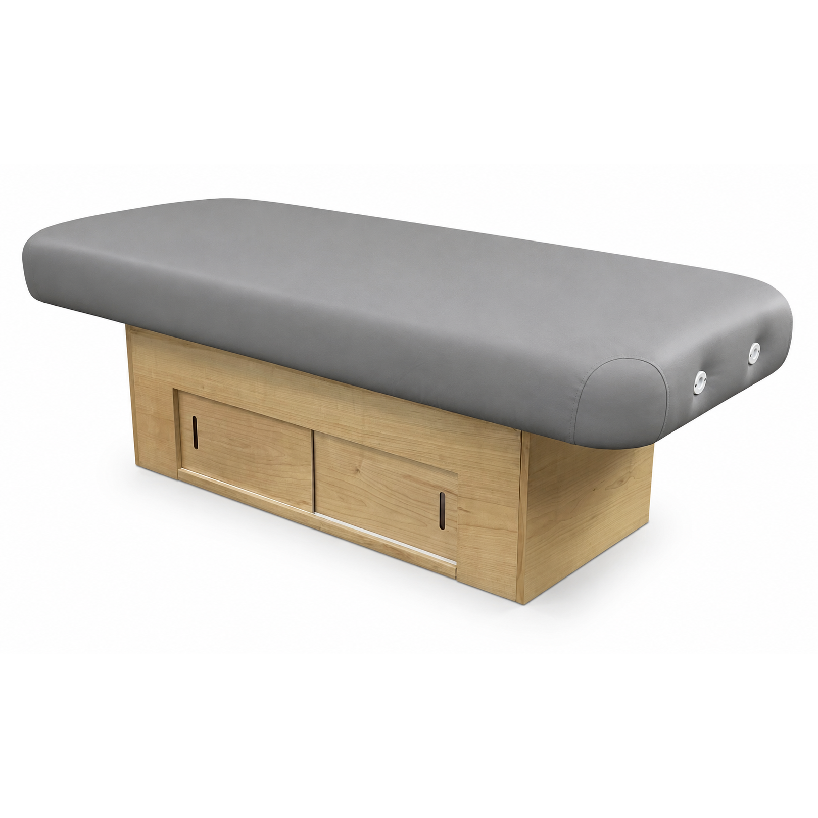 Massage table with slate cushioned top and clear natural base on a white background