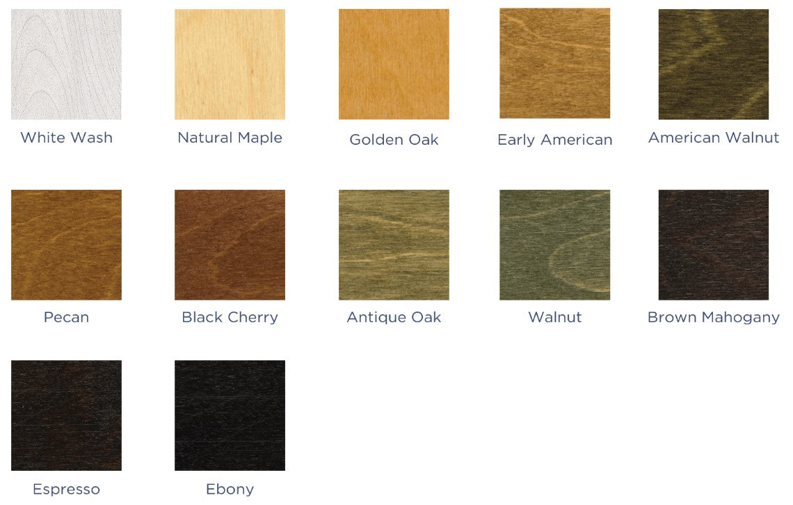 Eleven stains for the INSIGNIA 2.0 WAVERLY table by Living Earth Crafts, each labeled.