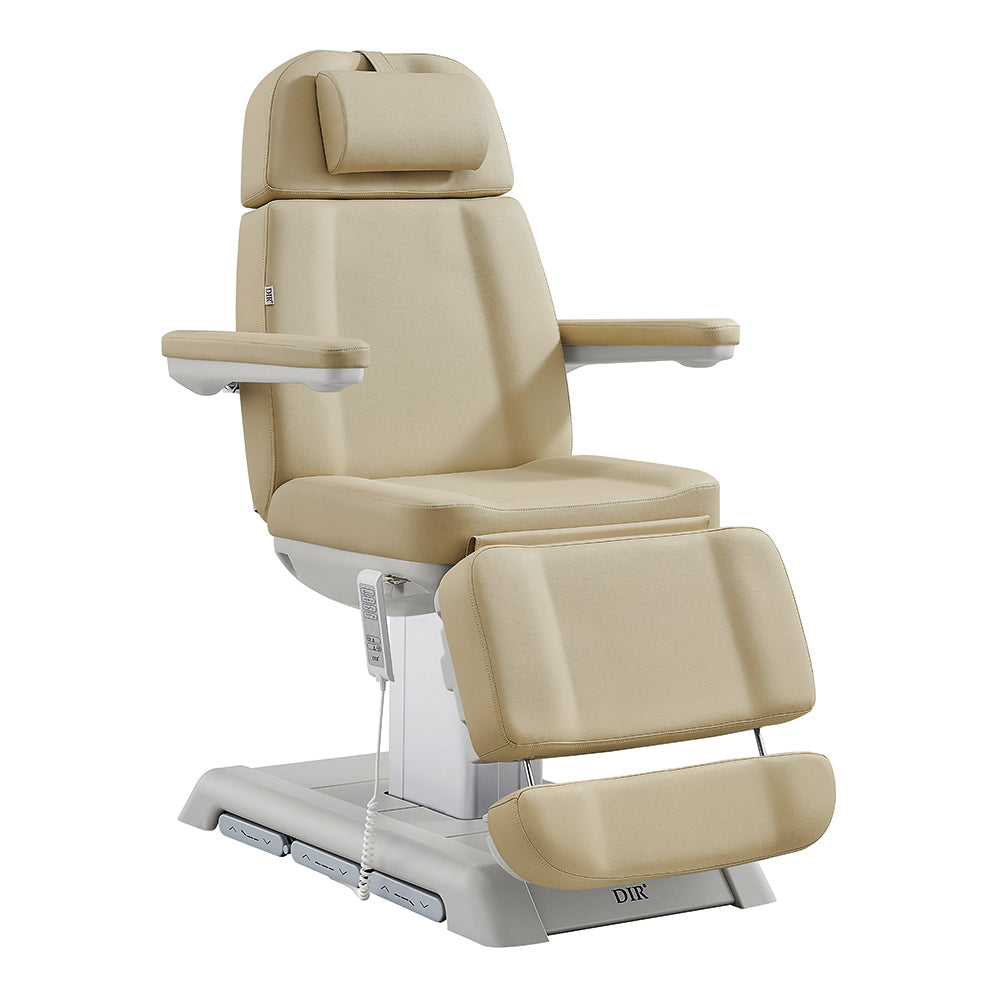 Beige Sydney 4-Motors Esthetician Chair with armrests and headrest on a white background