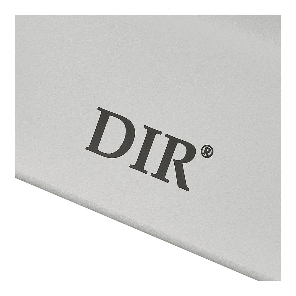 Gray rectangular sign with 'DIR' logo on a white background