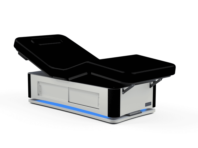 Oakworks Spa TALISE Master's Collection Table: modern, black cushion, metal base, adjustable support.