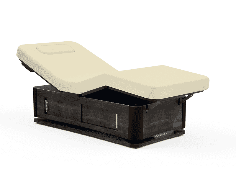 Oakworks Spa TALISE Master's Collection Table with cream cushion, reclined, dark wood base.