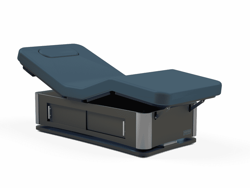 Oakworks Spa TALISE Master's Collection Table: adjustable blue-padded exam table with metal base.
