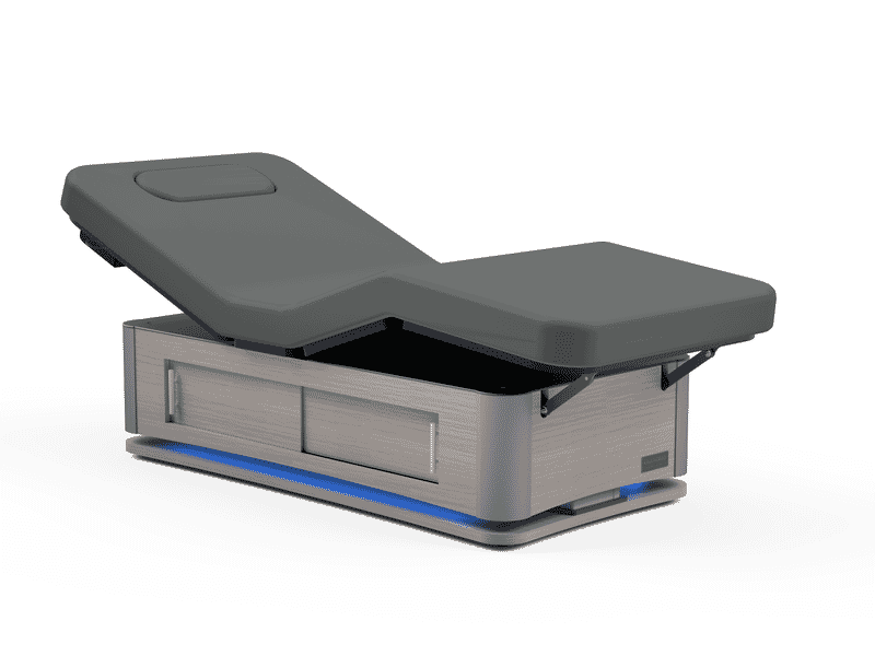Oakworks Spa TALISE Table: modern, breast comfort, gray cushion, storage base.