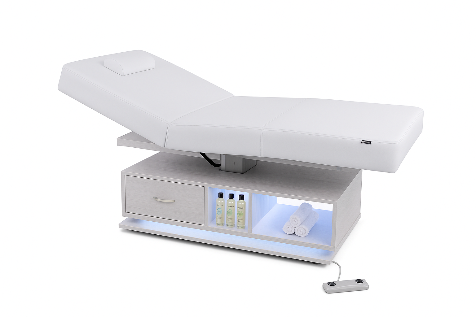 EarthLite EVEREST ECLIPSE 2.0 Tilt Table with Strata cushioning, storage shelves, and remote control.