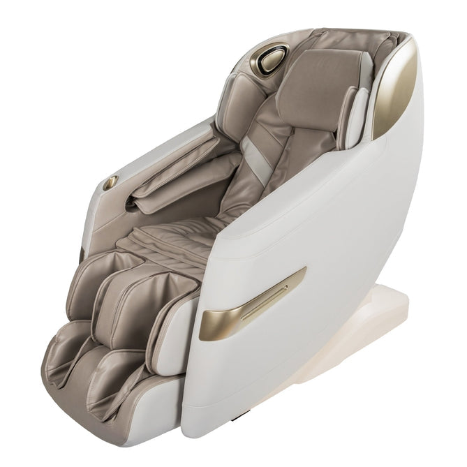 The Titan 3D Quantum Electric Massage Chair by Titan in beige and white with padded cushions.