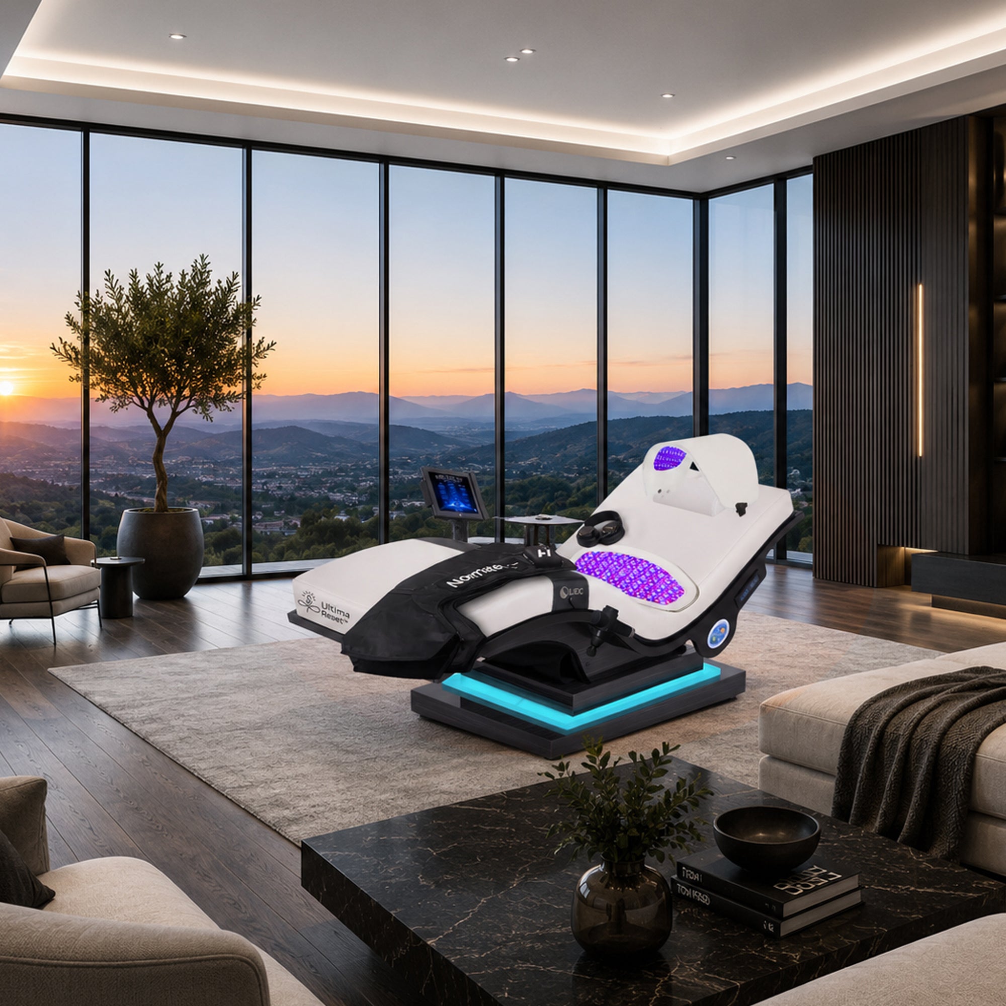 Living Earth Crafts Ultima Reset™ Lounger w/ IceBlock™ Chromatherapy Base in a luxury modern living room with large windows overlooking a sunset mountain landscape.