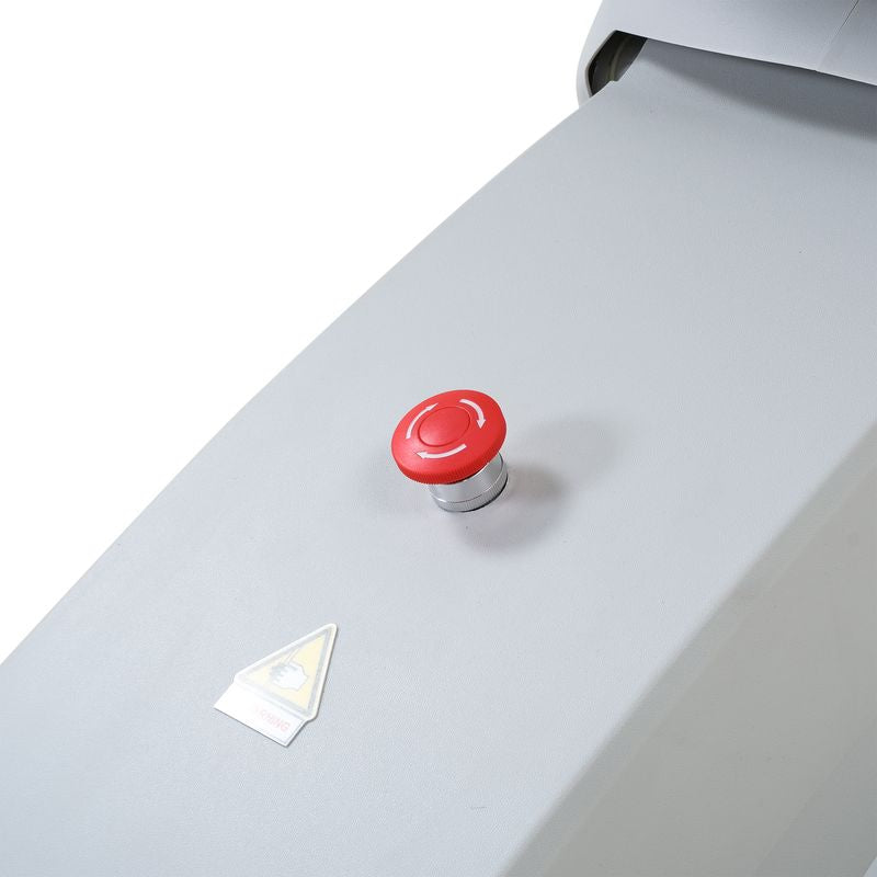 A red emergency stop button on a Silverfox America 2246EBN Electric Massage Chair.