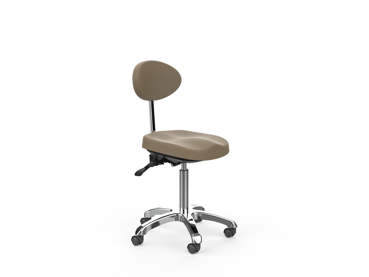 Silverfox America 1025E Beauty Stool with backrest and five wheels on white background.