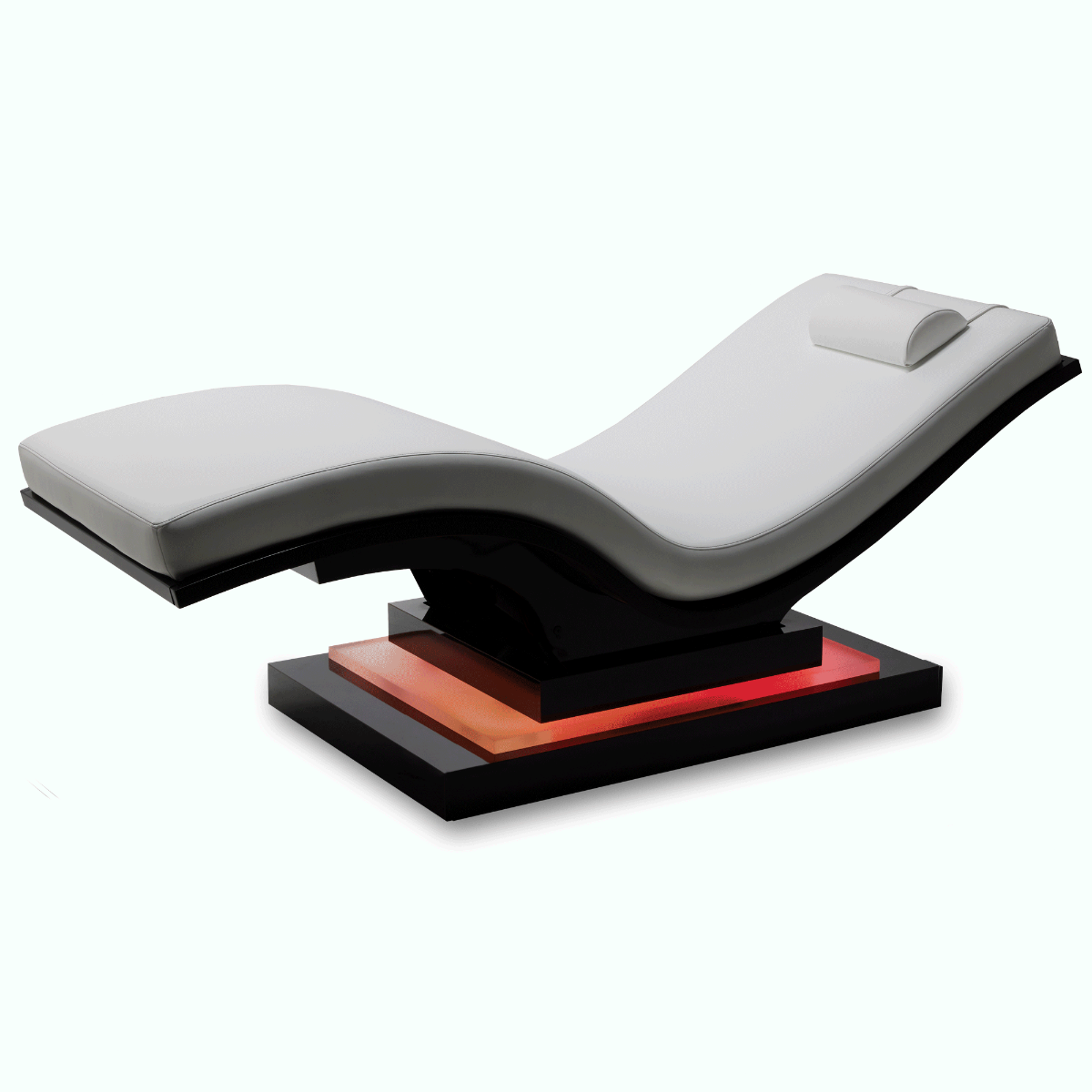 Living Earth Crafts WAVE RESET Lounger w/ white cushion, IceBlock™ red-lit base, side view.