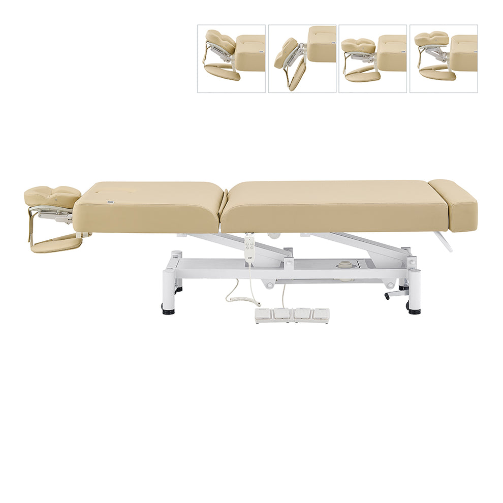 WellRelax Treatment Table DIR by DIR, beige, adjustable with face cradle, shown in various positions.