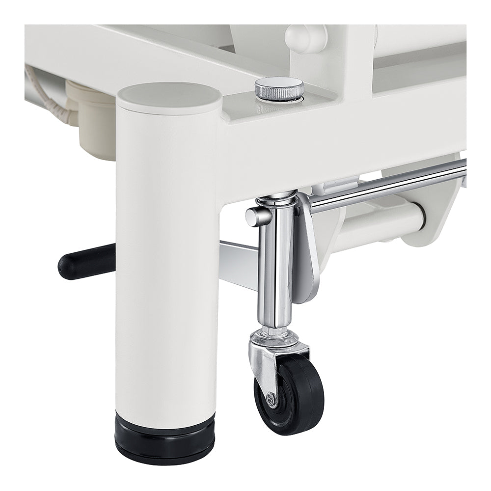 Close-up of DIR WellRelax Treatment Table DIR's white metal frame with caster wheel and black handle.