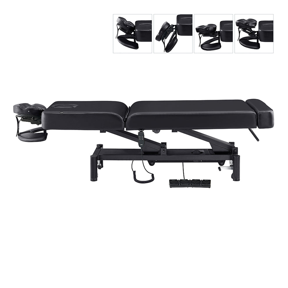 WellRelax Treatment Table DIR by DIR, black, adjustable with face cradle, side and detail views.