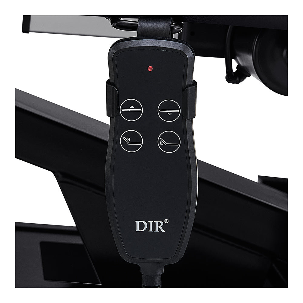 Close-up of a black DIR remote for the WellRelax Treatment Table DIR with four buttons and red light.